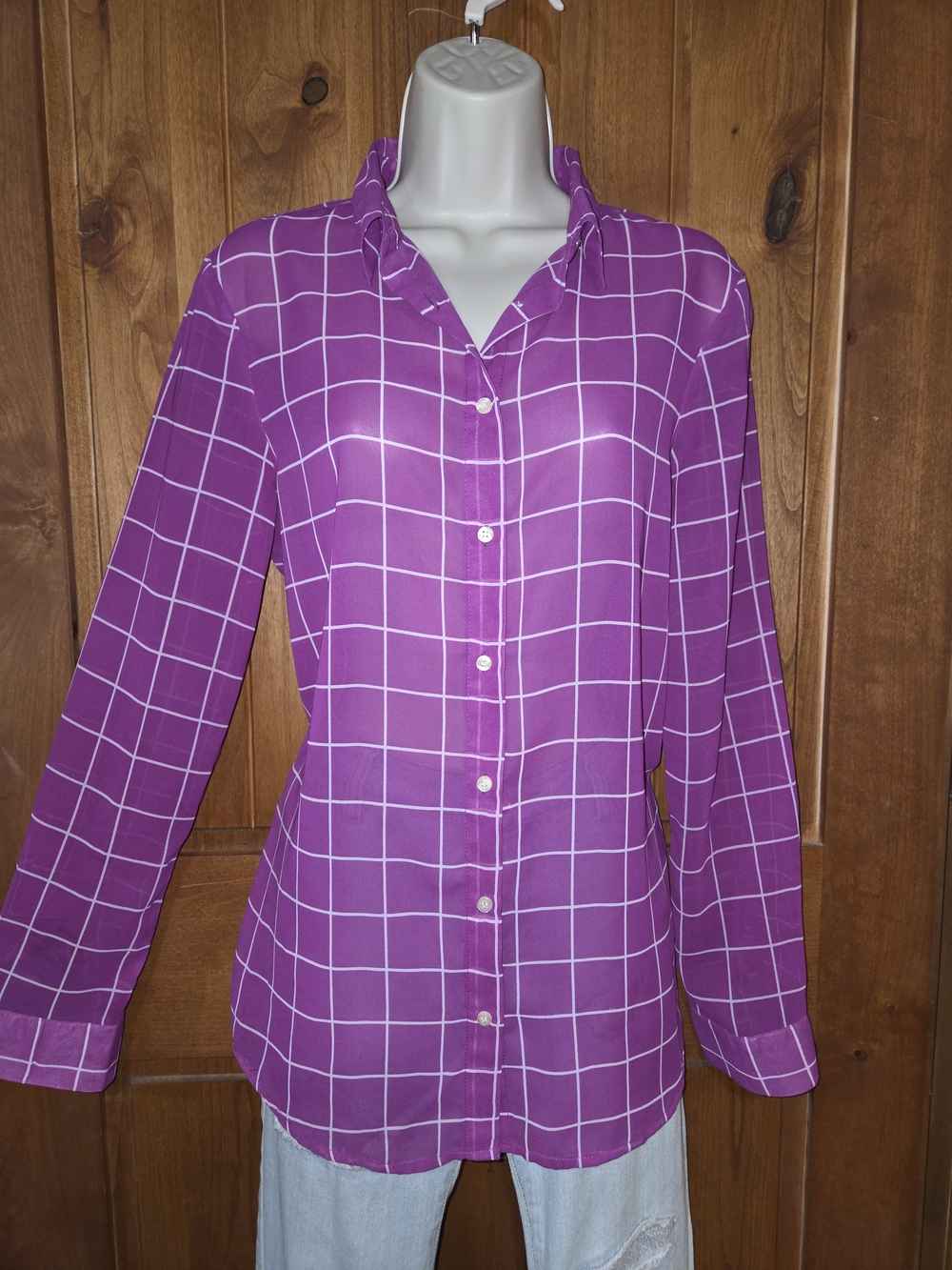 G.H. Bass & Co. Purple Windowpane Button-Up Blouse